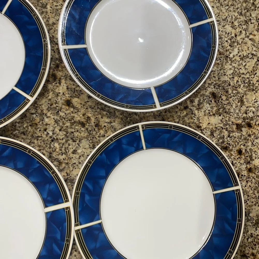 4 VTG Sapphire Sango 8822 MCM Stoneware Blue White Yellow 10.5”Dinner Plate Set
